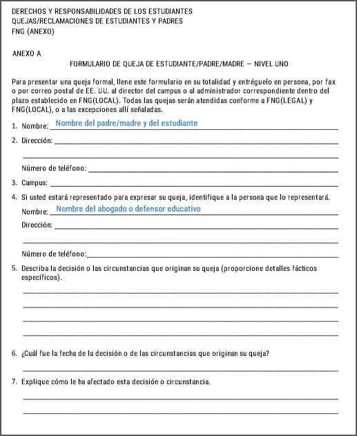 Captura de pantalla de un formulario de queja de acoso escolar en blanco